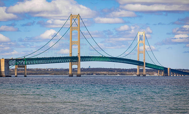 istock Mackinac Bridge Flyover Summer Aerial with Turquoise Waters 2214365211