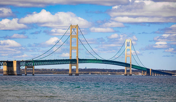 A stunning photo of the Mackinac Bridge, connecting Michigans Lower and Upper Peninsulas.