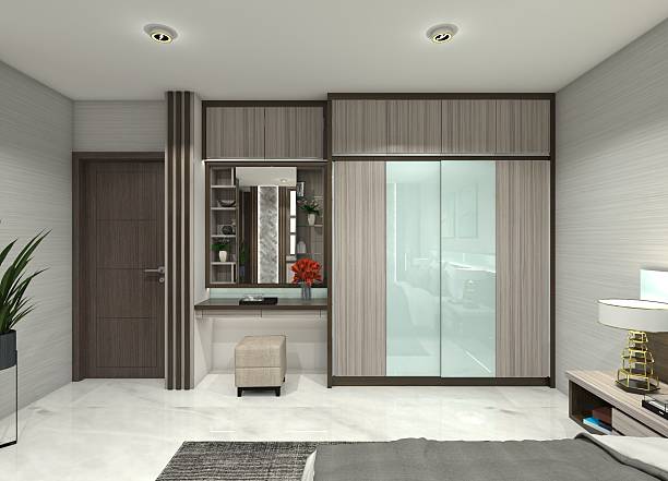 3D design idea for a wardrobe and dressing table for bedroom interiors. Minimalist and modern style using wood material with blue glasstone accents. Includes a makeup mirror, bench seat, storage shelves, and lighting.