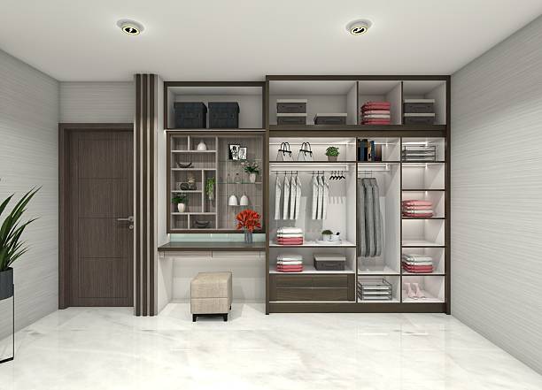 istock 3D design idea for an open wardrobe and dressing table cabinet without doors, designed for storage division and partitions. 2214368001