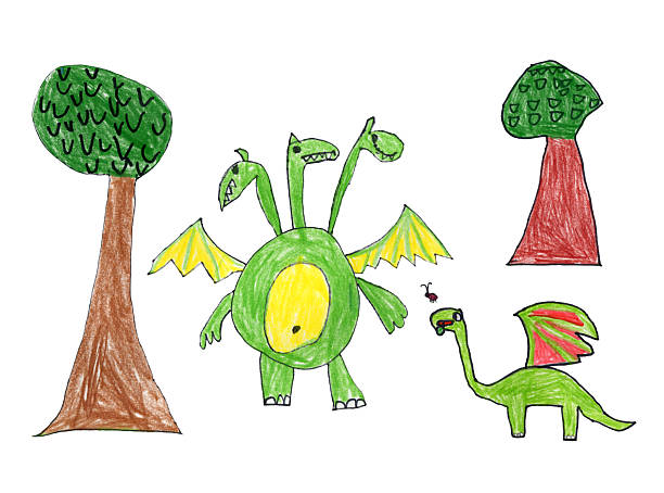 istock Fairy tale dragons and trees, hand drawn by colored pencils, isolated on a white background 2214378749