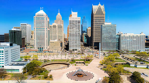 istock Detroit Hart Plaza Panoramic View with Skyscrapers and Monuments 2214380983