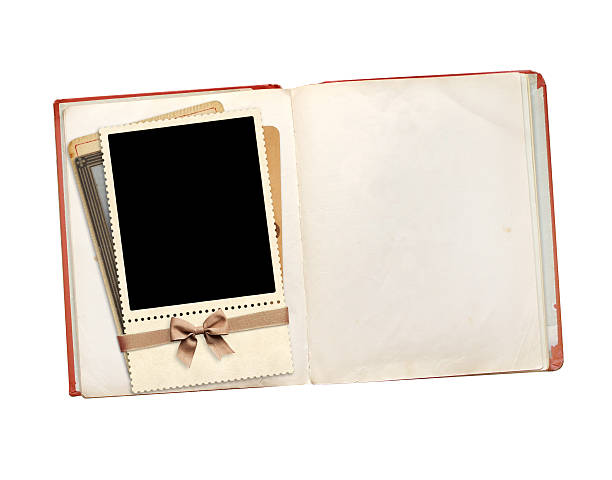 istock Old book, retro photo frame and card, creating a nostalgic effect. Vintage scrapbooking style. Retro photo album and blank photo. Mock up template. Copy space for text. Isolated on white background 2214386430