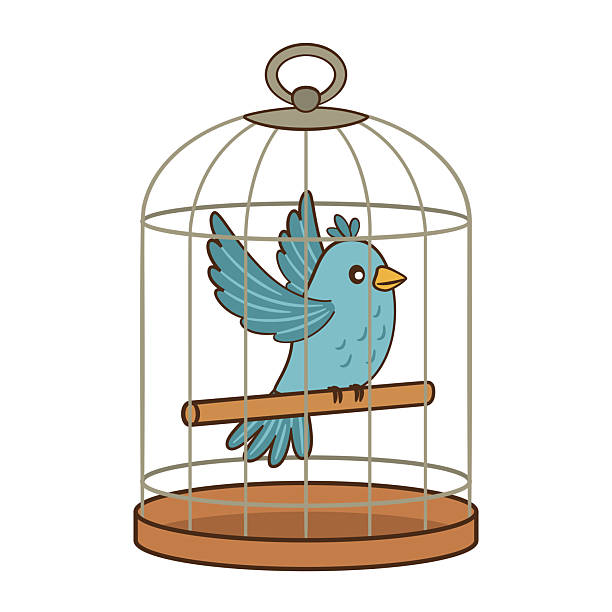 istock Cute blue bird in a cage. Hand drawn Flat style home feathered pet. 2214388226