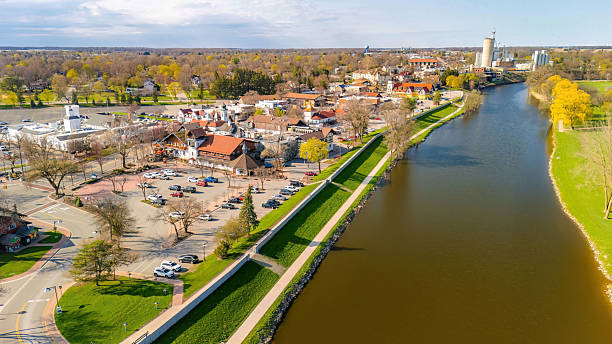 Frankenmuth Aerial View Along River on Sunny Day