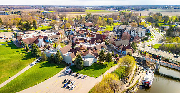 Frankenmuth Aerial View Along River on Sunny Day