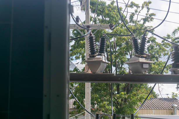 An urban scene showcasing power lines, electrical equipment, and trees. The image reflects the interconnection of nature and technology in modern cities.