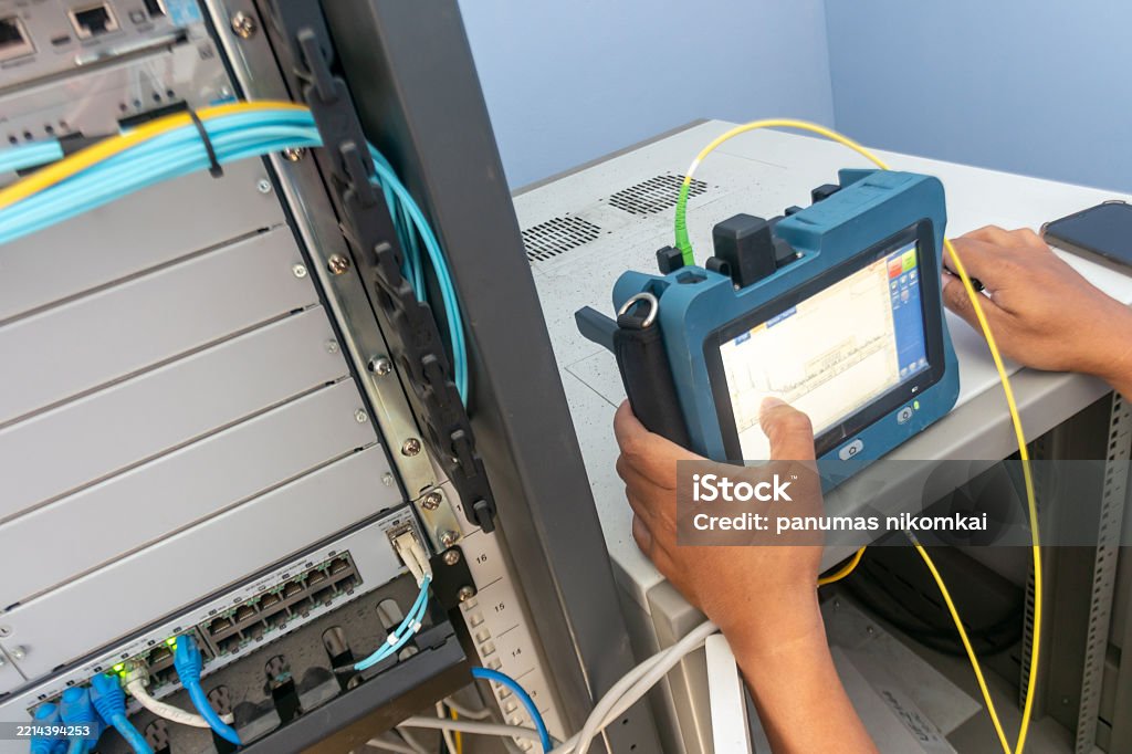 Data Cable Testing Machine Cable Testing Equipment In Data Center Stock Photo - Download Image Now ...
