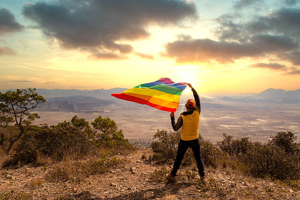 istock Hiker showing rainbow flag on mountain top at sunset 2214398882