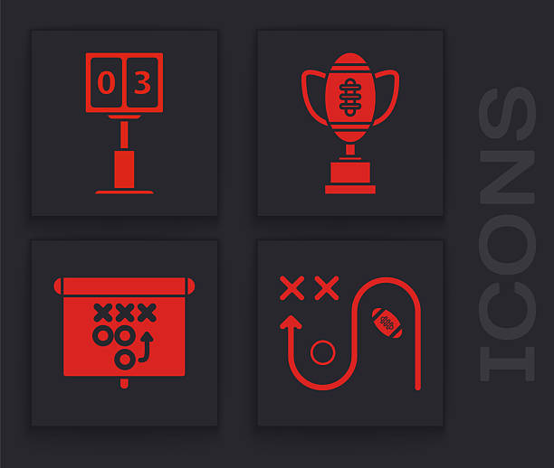 illustrations, cliparts, dessins animés et icônes de ensemble concept de stratégie de planification, tableau d’affichage mécanique et affichage des résultats du football sportif, coupe de récompense et ballon de football américain et icône de concept de stratégie de planification. vecteur - tableau daffichage