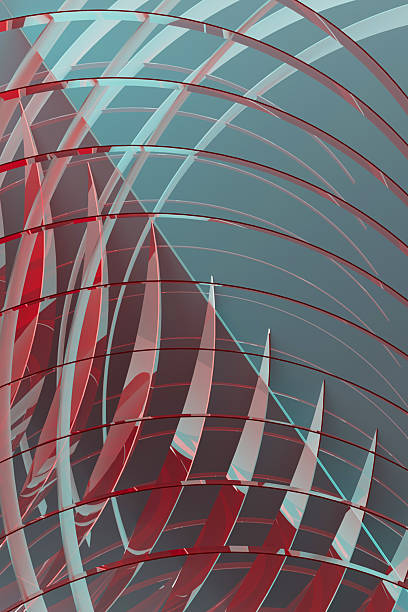 Abstract background with pattern of semicircles, curved lines, sharp edges of light blue, red, pink glossy plastic with energy, contemporary vibe for business, science, medicine, study. 3D rendering.