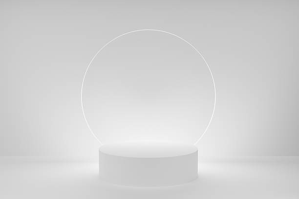 istock 3D realistic podium background - one white cylindrical podium on light gradient grey color. luminous shining glass disk decor, mockup, 3d rendering. Minimal stage for display product, scene showcase. 2214399995