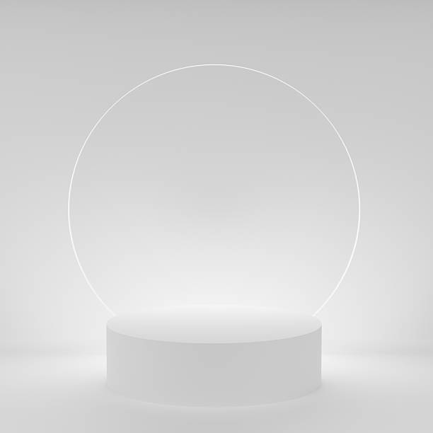 istock 3D realistic podium background - one white cylindrical pedestal on light grey, white. luminous shining glass disk as decor, mockup, 3d rendering. Stage for placement product, showcase platform. 2214399997