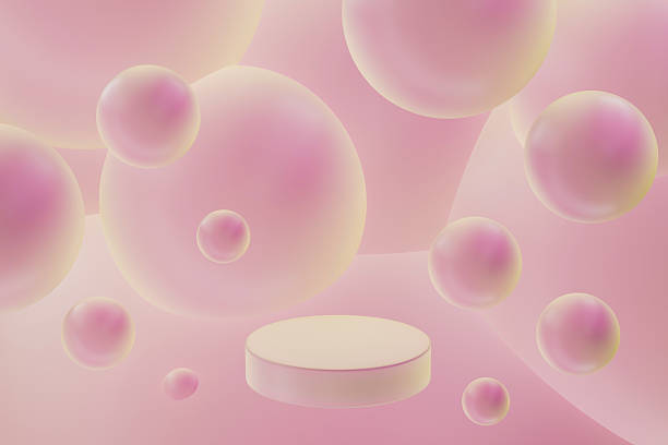 istock 3D realistic podium background - one pink circle podium, dreamy pink abstract spheres. Mockup, 3D rendering, template. Soft gradient, glossy texture. Stage for display product, scene showcase. 2214400043
