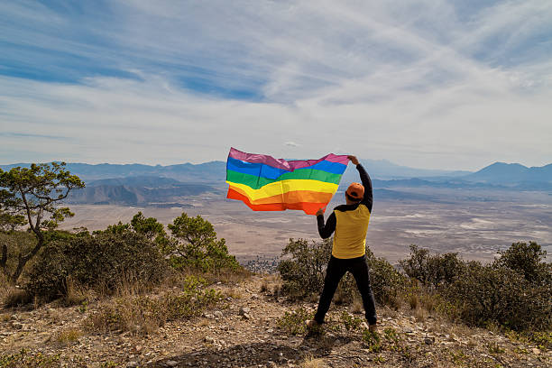 istock Hiker showing rainbow flag on mountain top celebrating diversity 2214403170