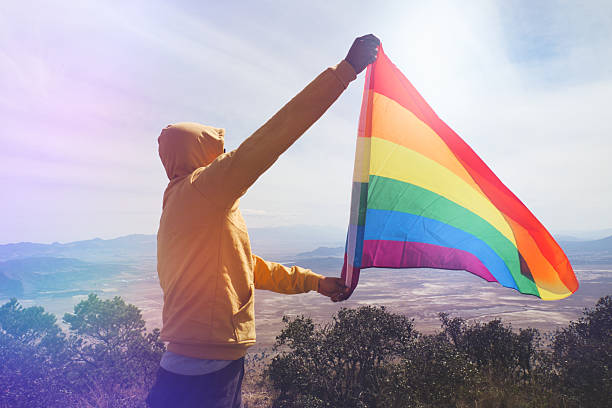 istock Hiker showing rainbow flag on mountain top celebrating lgbtq pride 2214403188