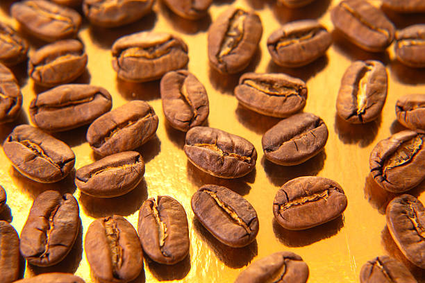 istock Roasted coffee beans in an oval shape on a reflective gold backdrop, displaying their warm brown shades and subtle textures. Suitable for culinary projects. 2214404976