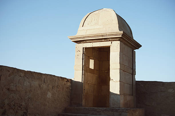 Ancient stone structure under clear blue sky in desert landscape.
