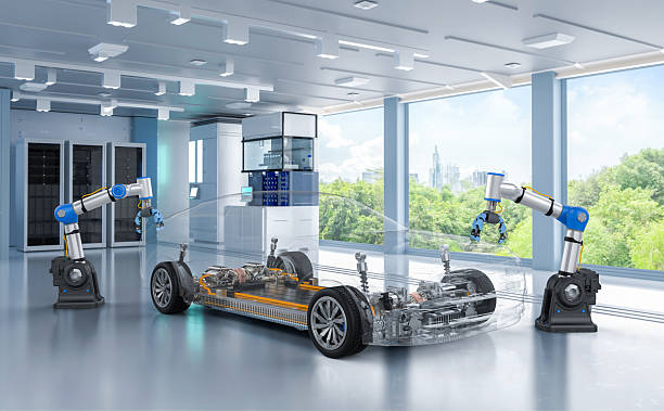 istock Ev car for green environment concept with 3d rendering robotic arms manufacture ev car with greenery background 2214423475