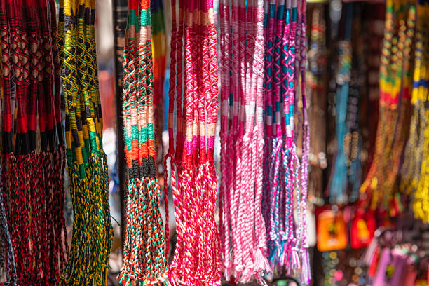 Authentic Ecuadorian handmade Panama hat or Paja Toquilla hat made of straw with feather design on it. Panama is a popular souvenir from Ecuador.