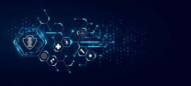 istock Abstract connected hexagons with health care icons and HUD circle on blue backdrop. Medical technology research presentation background. Digital health insurance concept. Vector 2214433455