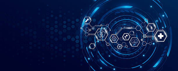 istock Abstract connected hexagons with health care icons and HUD circle on blue backdrop. Medical technology research presentation background for online webinar. Digital health insurance concept. Vector 2214433486