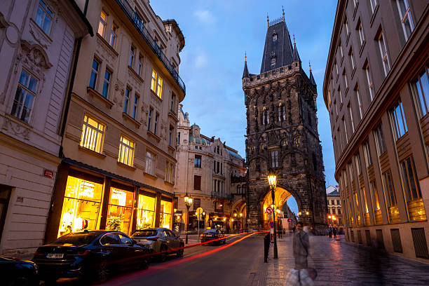 Old town at night with motion blur traffic, Prague