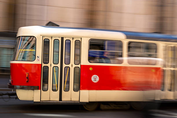 Old town and tram, motion blur traffic, intersection, Prague