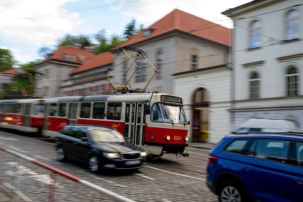 Old town and tram and vehicles, daytime,  Prague