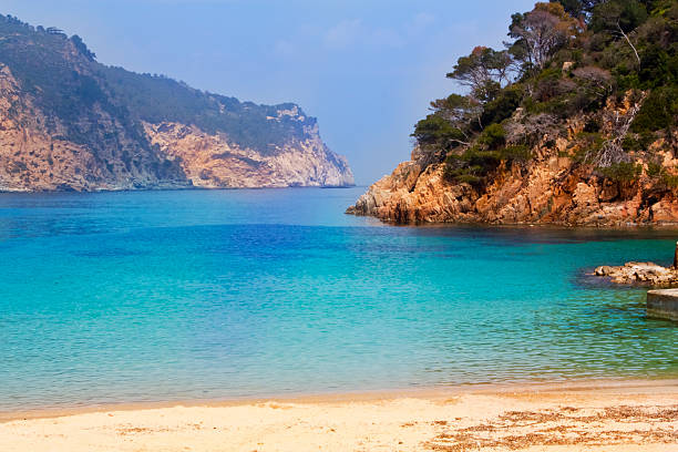 Coastline, blue Mediterranean sea seen from Aiguablava beach, Begur, Costa Brava, Girona.Spain.