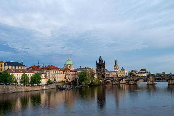 View across river to old town and bridge, Prague