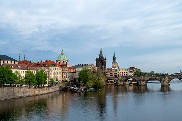 View across river to old town and bridge, Prague