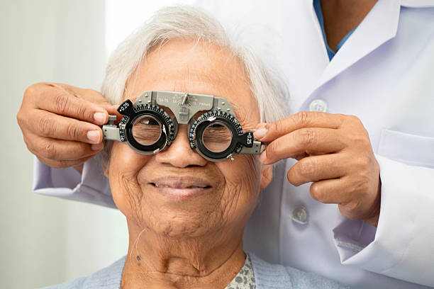 istock Optometrist checking Asian elderly woman ophthalmic vision eye test and using optical trial frame. 2214464563
