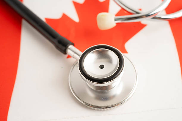 istock Canada flag with US dollar banknote, finance banking concept. 2214464645