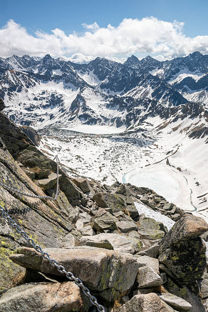 Mountain pathway with chains for assistance, springtime, Tatra National Park
