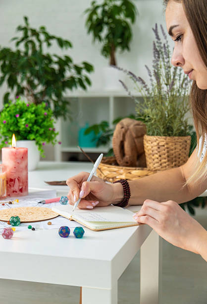 istock Woman astrologer draws a natal chart. Selective focus 2214468193