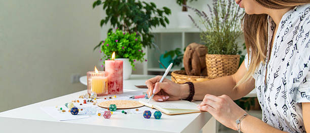istock Woman astrologer draws a natal chart. Selective focus 2214468199