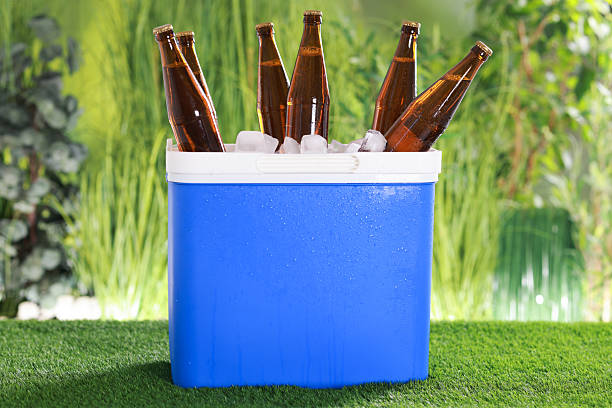 istock Wet beer bottles in cooler box on artificial grass 2214477502