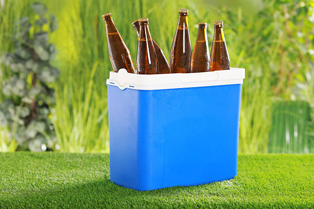 istock Wet beer bottles in cooler box on artificial grass 2214477507