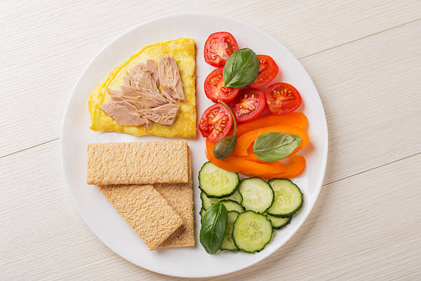 Harvard plate with omelette, tuna, vegetables, whole grain chips on white wooden table. Balanced Harvard breakfast plate.