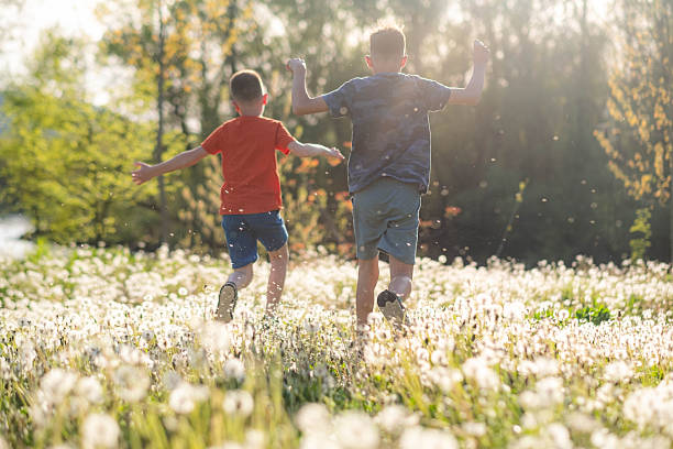 istock two boys are running through a meadow of flowers 2214483321