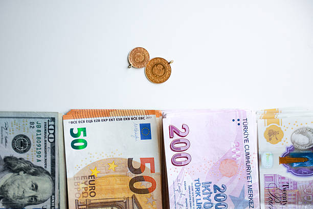 Close-up of international bank notes and coins; Pounds, Euros and Dollar. Turkish gold coin, Çeyrek altın , Yarım altın.