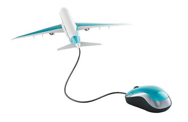 istock Online Booking Airline Tickets, concept. Airplane with computer mouse. 3D rendering 2214487381