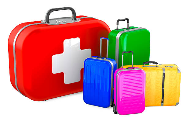 istock Travel First Aid Kit, concept. First aid kit with suitcases, 3D rendering 2214487433