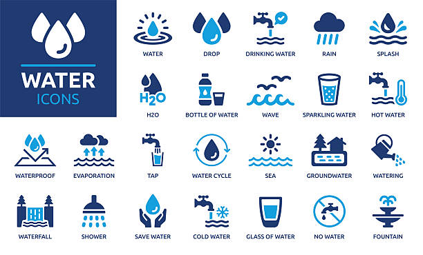 ilustraciones, imágenes clip art, dibujos animados e iconos de stock de conjunto de iconos de agua. gota y botella de agua colección de iconos vectoriales sólidos. - evaporación