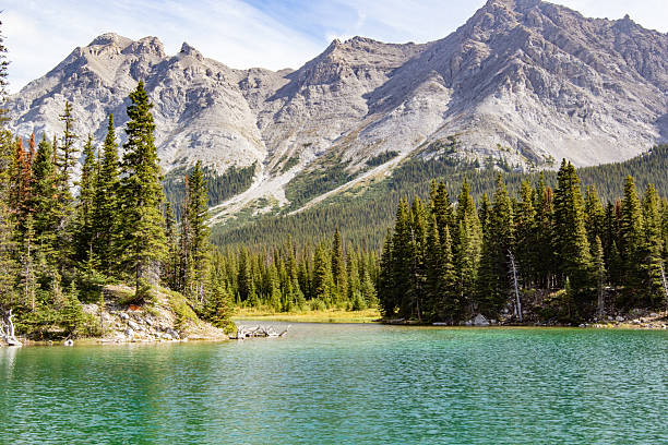 istock Rocky Mountains with clear teal water in the foreground 2214512746