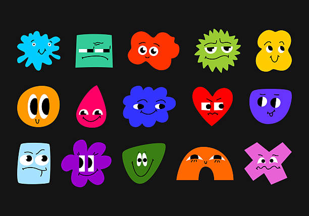Set of Various bright Doodle shapes with face emotions in cartoon style. Different geometric figures. Hand drawn trendy Vector illustration for kids. Cute funny characters. All elements are isolated.