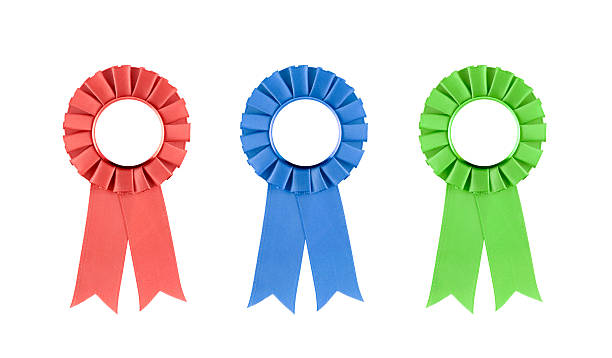 Three colorful ribbon awards isolated on white background