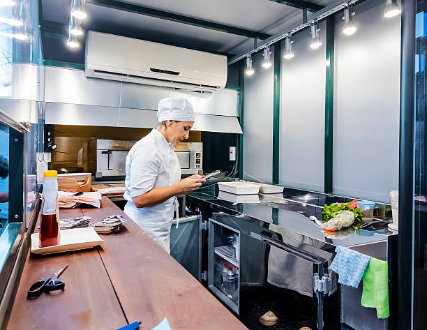 istock Female Chef Preparing Pizza Inside Food Truck Kitchen 2214520229