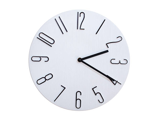 Minimalist Round Wall Clock Showing 02:20 or 14:20. Thin Black Numerals on White Wood Background.